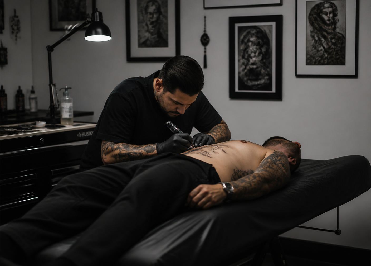 Tattoo artist working with a client inside the Ink Academy studio